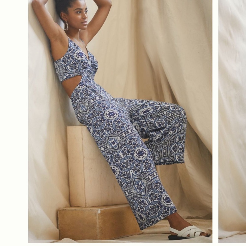 Anthropologie Blue and White Patterned Jumpsuit